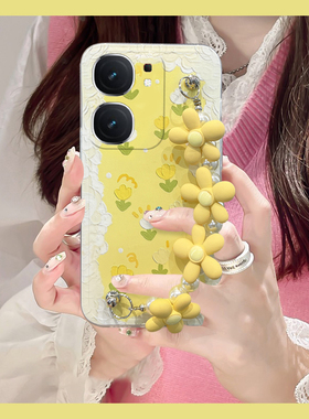 黄色碎花适用iqooneo9spro手机壳neo9日韩z8x立体12手腕带y200pro夏日200i小清新200gt液态100t硅胶vivo夏天p