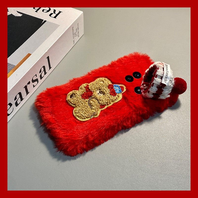 手机壳秋冬毛绒红色卡通圣诞帽子