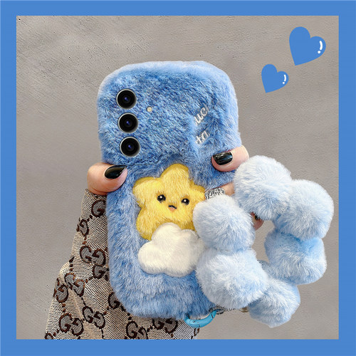 刺绣云朵星星适用三星s25edge手机壳s24plus毛球s23+十s22挂链s21fe秋冬季s20ultra毛绒s10卡通s9软s8/note20