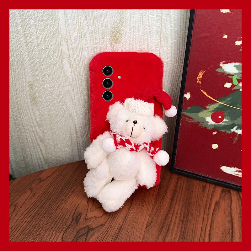 圣诞帽子小熊适用三星s25edge手机壳s24plus红色s23+十s22可爱s21fe毛绒s20ultra秋冬季s10/s9/s8/note20卡通