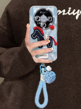 晕染蓝色刺绣小马适用华为mate80promax手机壳mate70rs铃铛m60pro+挂件50e挂绳40羽纱30epor卡通十huawei立体