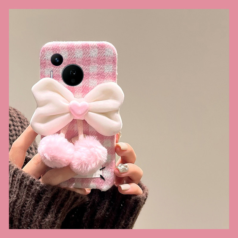 ins风粉色格子适用华为pura80pro+手机壳pura70ultra爱心p60art蝴蝶结40por+十p30吊坠p20毛绒p10plus秋冬软p