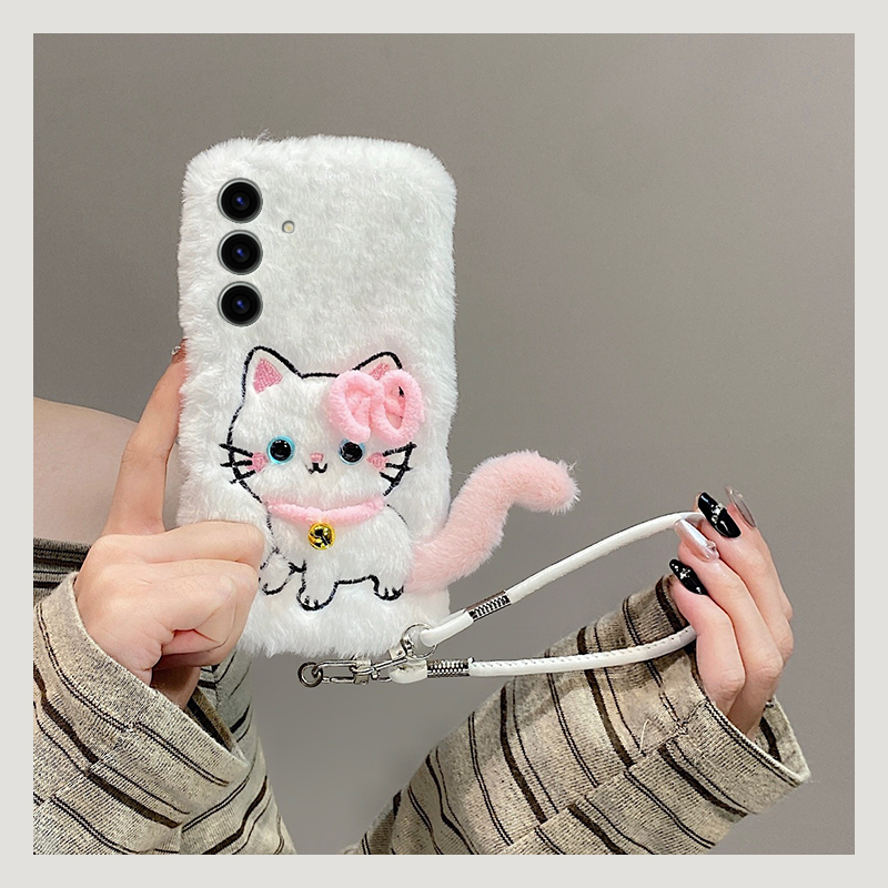可爱铃铛猫咪适用三星s25edge手机壳s24plus斜挎s23+十s22可背带s21fe秋冬s20ultra毛绒s10卡通s9软s8/note20