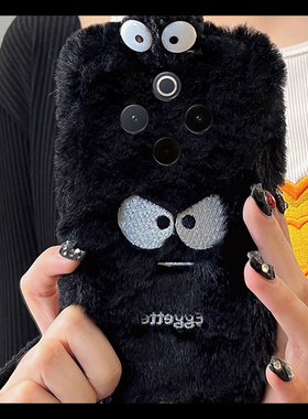 黑色煤球适用vivoy300i手机壳iqooneo9spro刺绣neo9卡通z8x毛毛12立体y200pro可爱200i毛绒绒200gt硅胶100t女