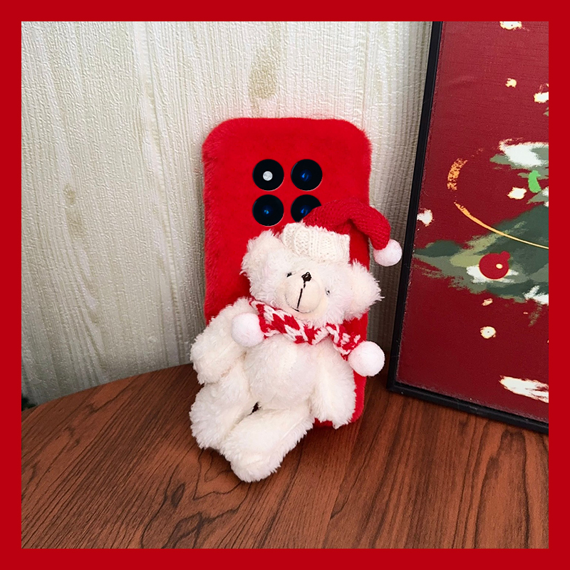 圣诞帽子小熊适用小米红米note15pro+手机壳noto14红色13可爱12turbo+毛绒11t秋冬季10毛茸茸9卡通8/7por毛绒