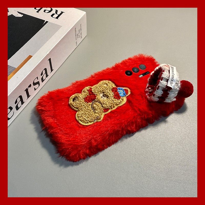 手机壳秋冬毛绒红色卡通圣诞帽子