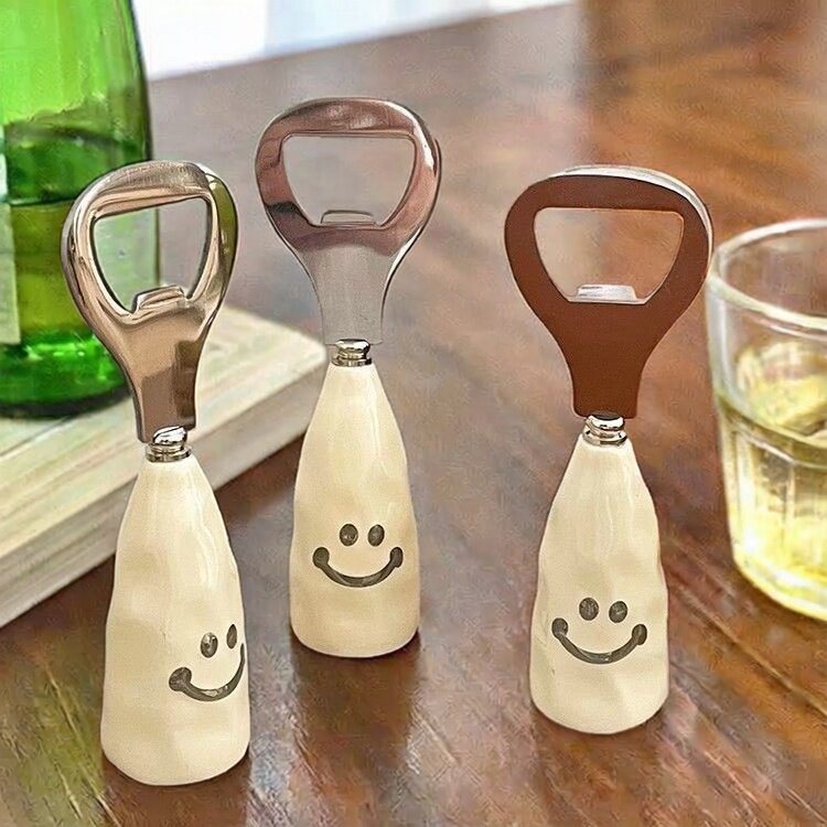 可爱笑脸啤酒开瓶器陶瓷柄酒瓶起子创意不锈钢开盖神器便携简约