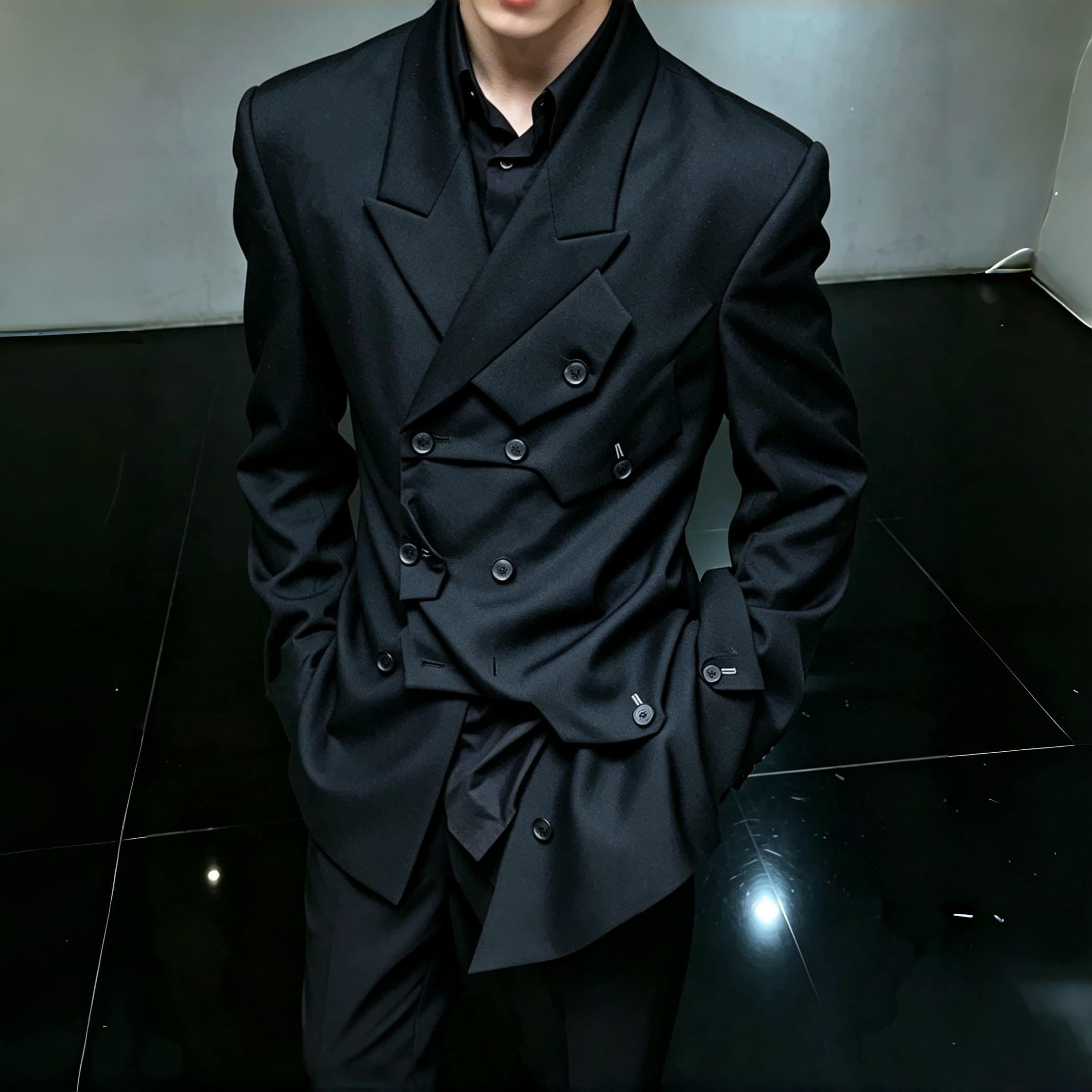 SOSO 暗黑风小众 多纽扣双排 解构主义设计裁剪 羊毛休闲西服夹克