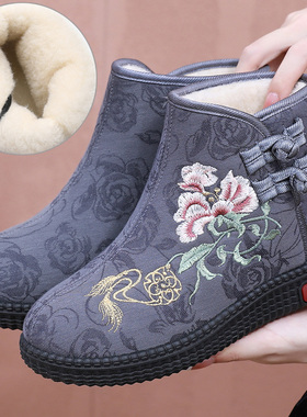 冬季老北京布鞋女棉鞋加绒加厚保暖鞋中老年妈妈鞋绣花鞋高帮棉靴