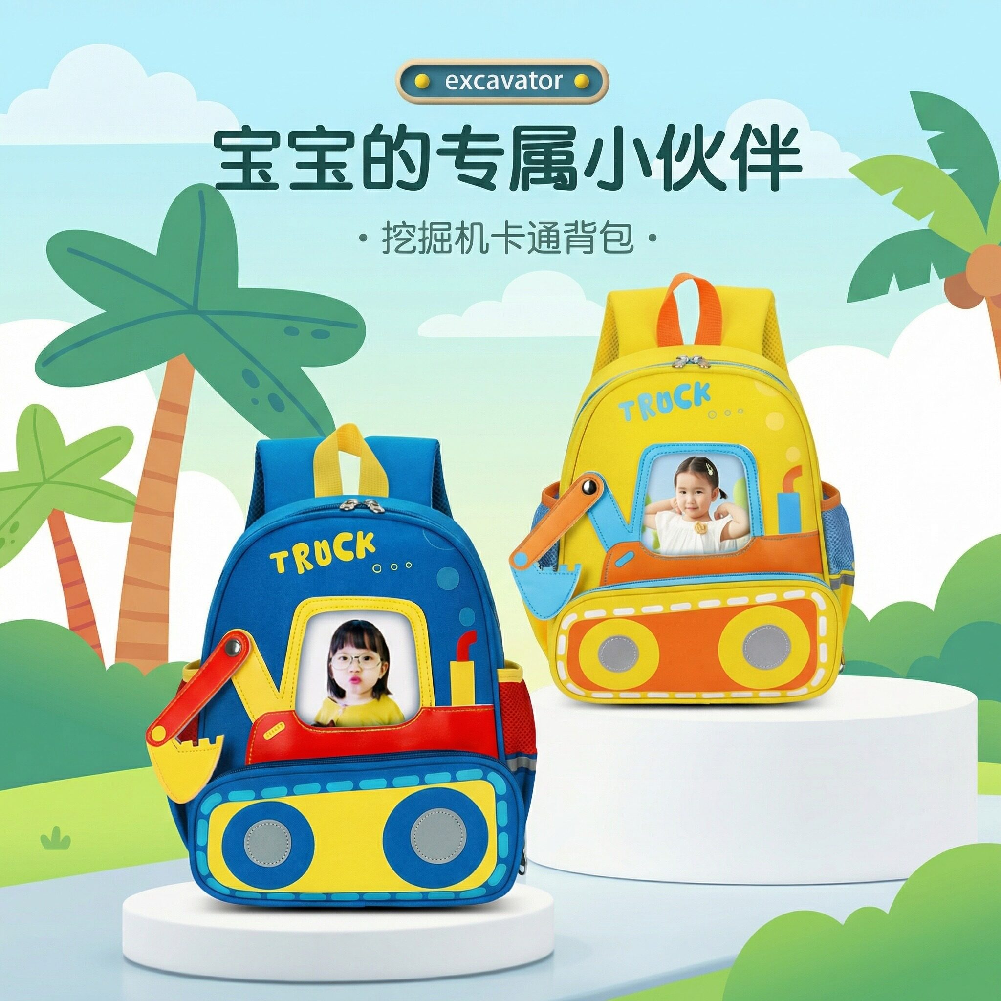 儿童书包可爱卡通挖掘机自定义照片窗男女孩双肩背包减负护脊轻便