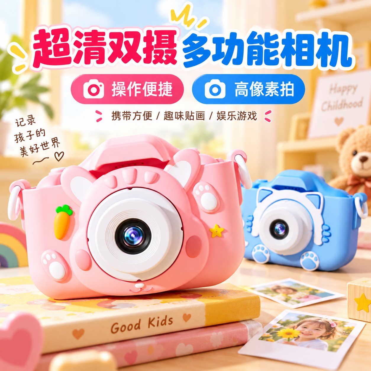 儿童萌兔仿真相机双摄可充电