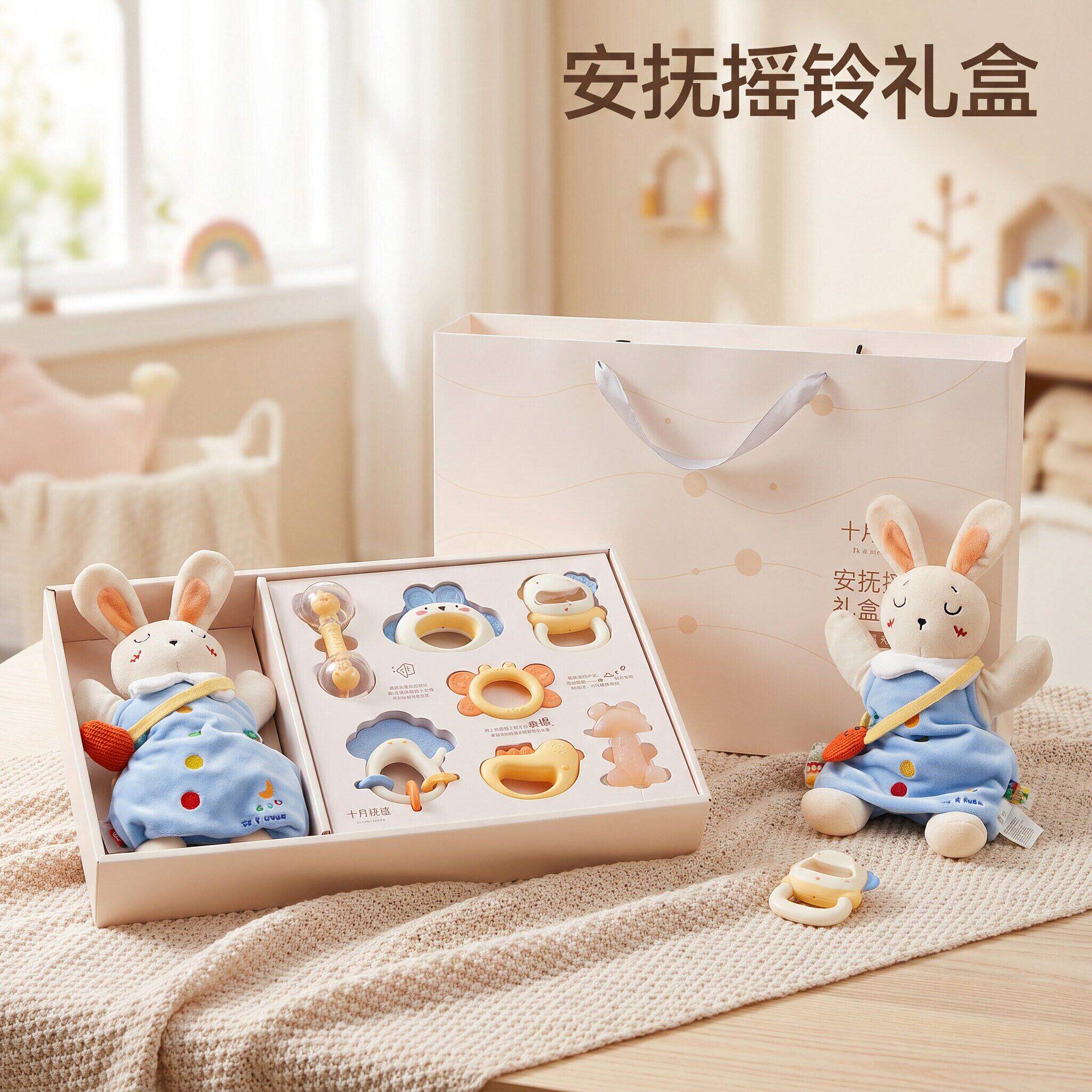 婴儿早教新生的儿实用见面礼玩具手抓握训练儿童兔子摇铃套装玩具