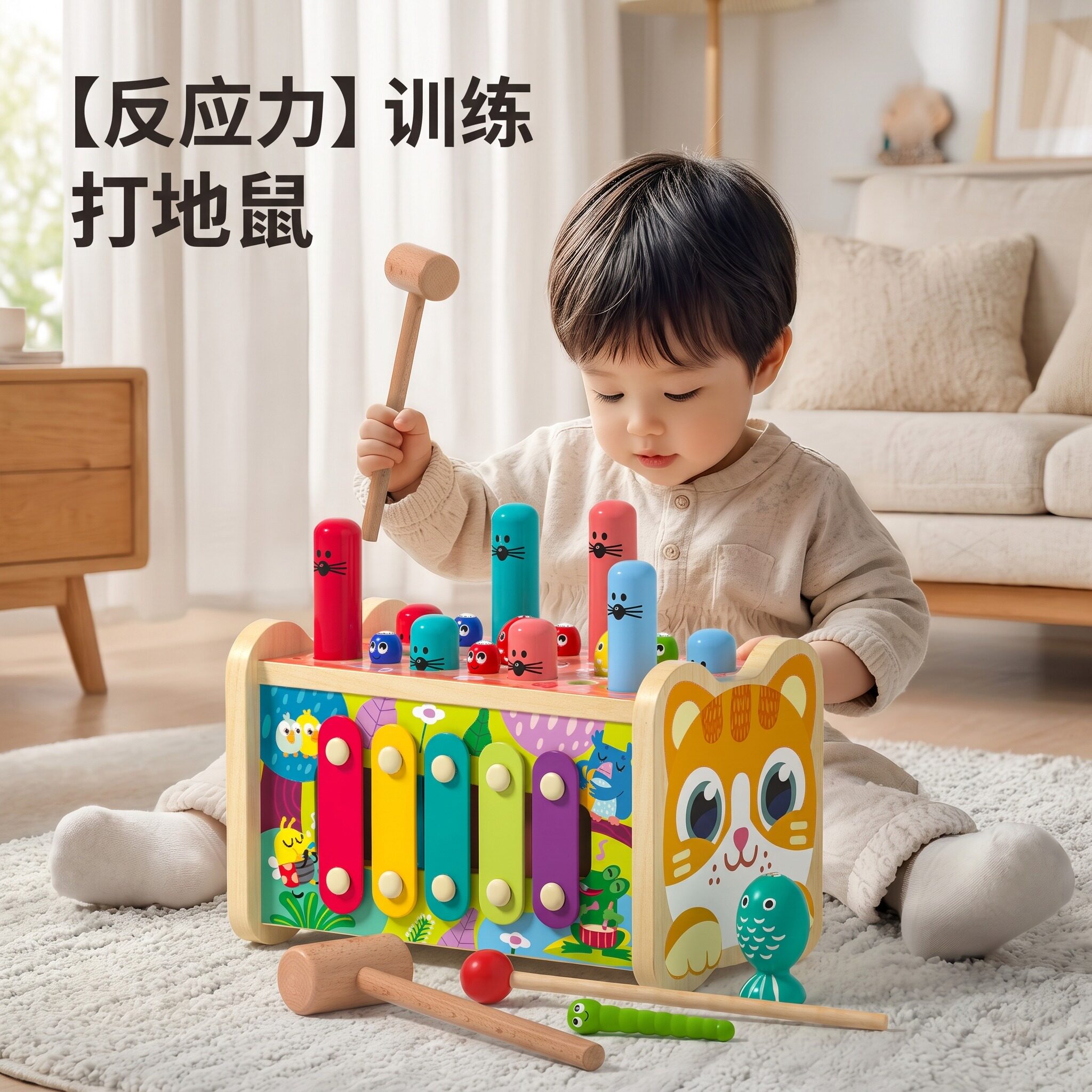 多功能猫咪木质早教玩具