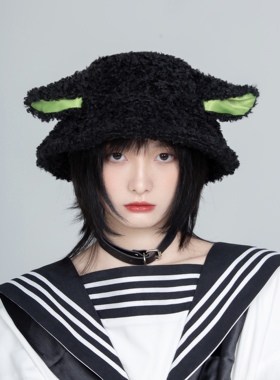 【季末7折】牧场系列原创秋冬毛绒黑色小羊可爱羊耳帽渔夫帽 男女