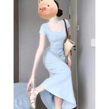 蓝色连衣裙女夏日绝美独特漂亮长款小长裙子收腰掐腰包臀套装穿搭