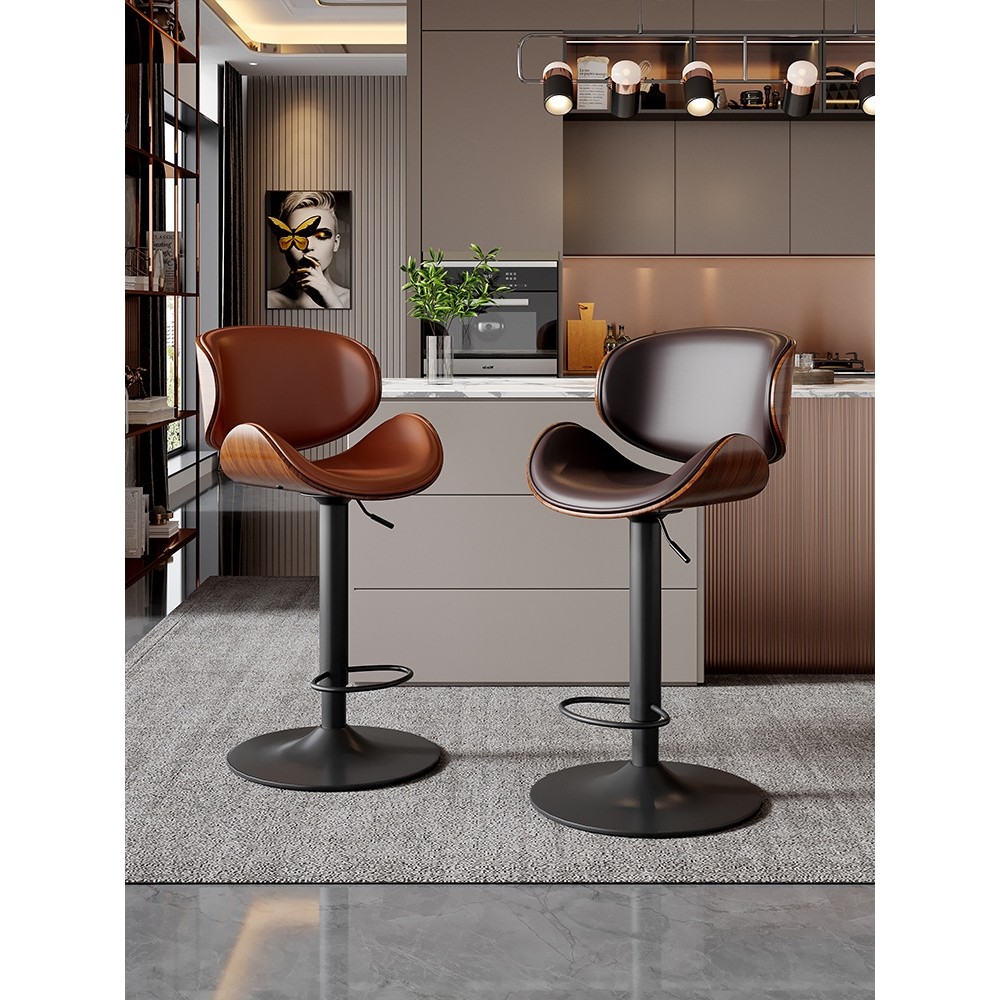 吧台椅升R降现代简约铁艺轻奢靠背高脚凳子家用牛皮吧台凳前台椅