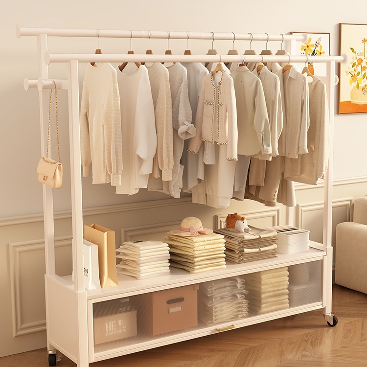 双杆轻奢卧室挂衣架落地可移动客厅衣服置物架衣柜简易金属衣帽w&