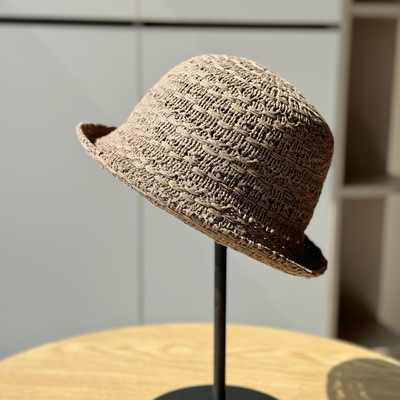草帽卷边纯色草帽渔夫帽夏季编织透气防晒遮阳显脸小百搭盆帽镂空