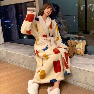 ぃ珊瑚绒睡衣女冬季加绒加厚睡袍长款可爱过膝法兰绒浴袍新款家居
