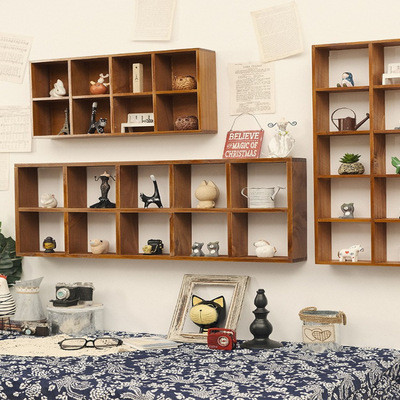 墙上置物架墙壁挂墙收纳盒免打孔实木格子墙面装饰柜挂架桌面复古