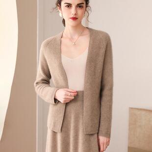 100%纯山羊绒衫秋冬新款无扣v领女纯色插件长袖开衫百搭气质上衣