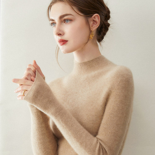 一线抽条半高领100山羊绒衫