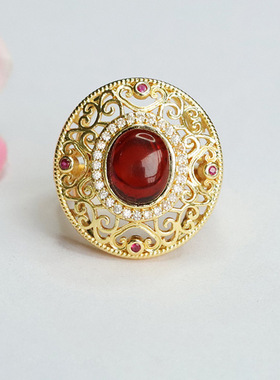 天然琥珀戒指血珀开口指环复古首饰女士款礼品气质文雅大气饰品