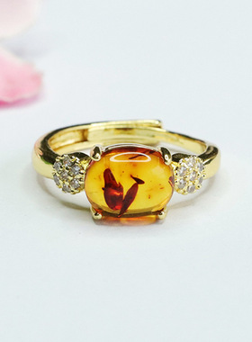 天然琥珀戒指花珀指环指圈珠宝女士复古民族风饰品时尚节日礼物