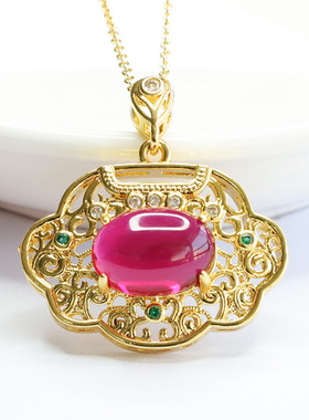 红刚玉如意锁吊坠培育红宝石项链女士复古民族风时尚个性饰品礼物