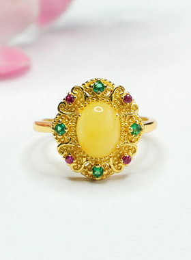 天然琥珀戒指蜜蜡指环指圈宫廷风首饰女士复古民族风饰品时尚礼物