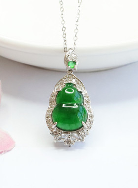 S925银镶天然A货翡翠吊坠冰种帝王绿福禄双全葫芦女士款复古风