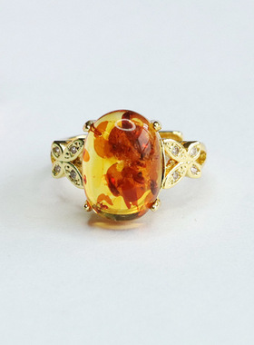 天然琥珀戒指花珀指环指圈珠宝女士复古民族风时尚饰品节日礼物