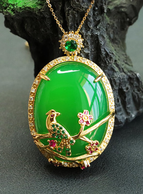 绿玉髓吊坠玛瑙喜上眉梢喜鹊梅花珠宝女士复古民族风饰品节日礼物