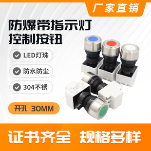 8030防爆带灯按钮开关30MM自复位带指示灯金属头304不锈钢按钮
