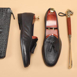 荔枝纹牛皮手工低跟一脚蹬英伦复古皮鞋 男式 流苏乐福鞋 2026春新款