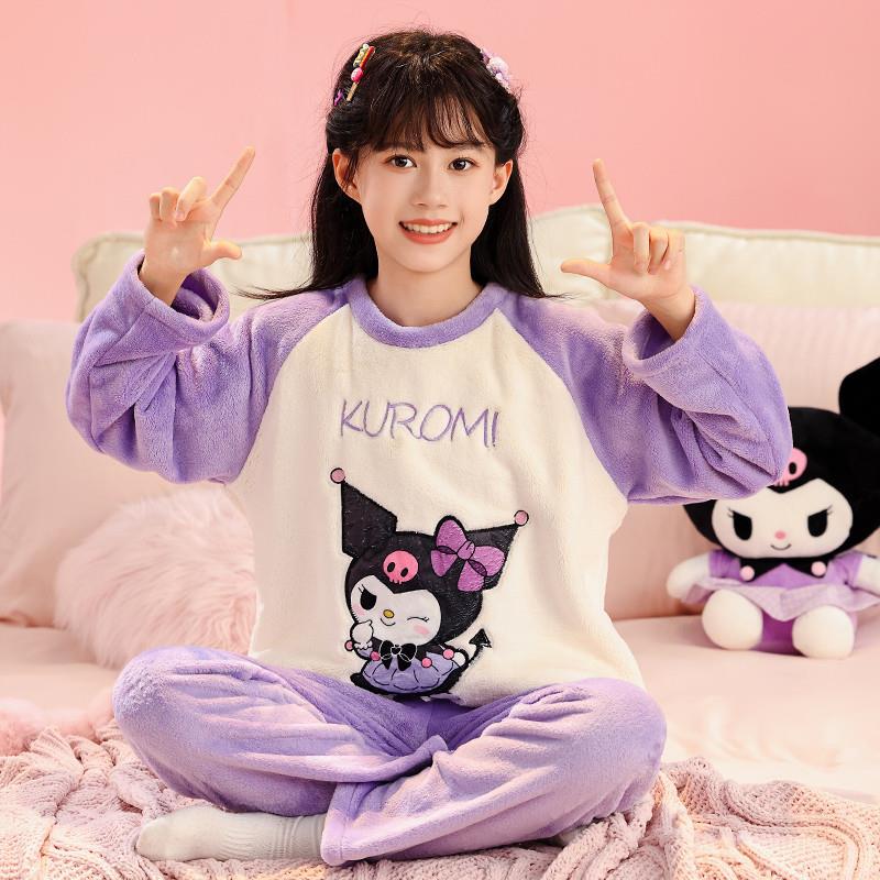 儿童法兰绒睡衣长袖圆领可爱卡通珊瑚绒女孩中大童保暖家居服套装