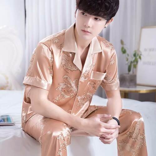 男士夏季丝绸家居服韩版轻奢睡衣短袖长裤冰丝睡衣Tagkita品牌居