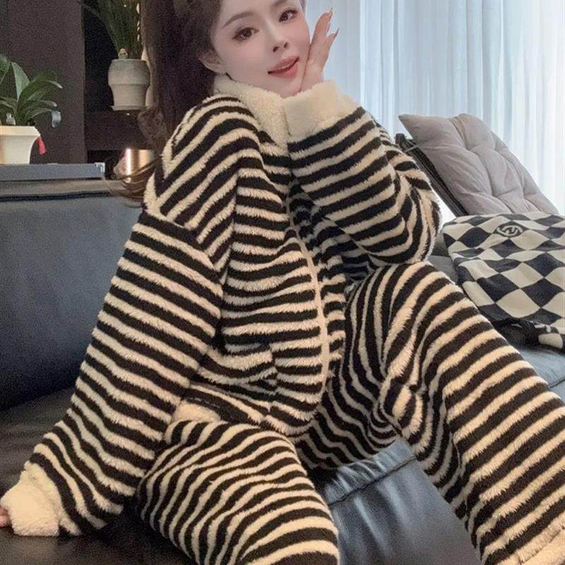 加绒加厚慵懒风条纹家居服套装女秋冬新款北极绒保暖睡衣可外穿,女装/女士精品,时尚套装,淘宝优惠券,粉丝福利购,淘宝优惠卷