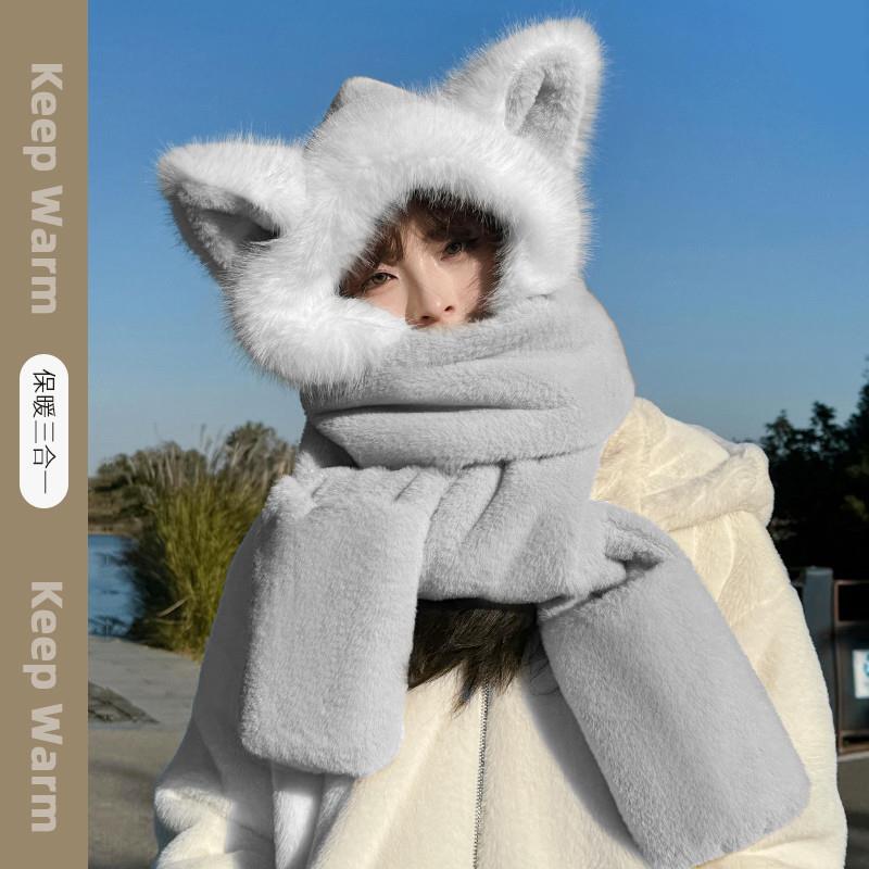 新款灵动狐狸帽子女秋冬骑车保暖防寒毛绒可爱帽子围巾一体三件套
