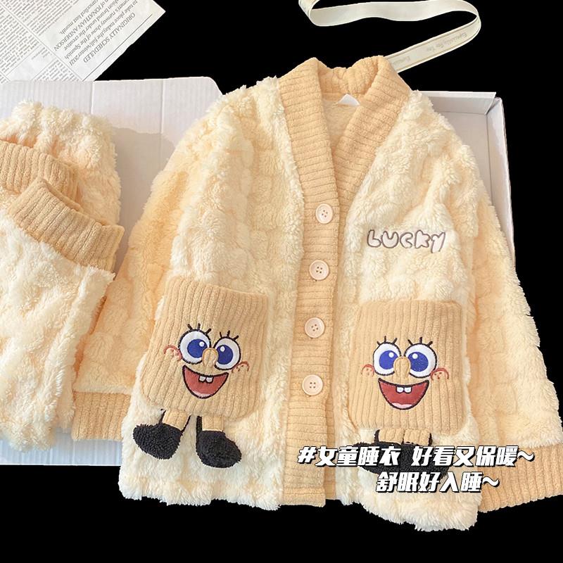 女童睡衣秋冬季珊瑚绒冬儿童海绵宝宝加绒加厚2024新款女孩家居服