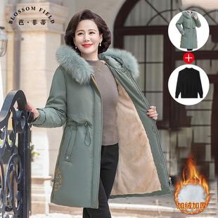 羽绒棉服加绒加厚棉袄 棉衣中老年人冬季 妈妈冬装 外套派克服中长款