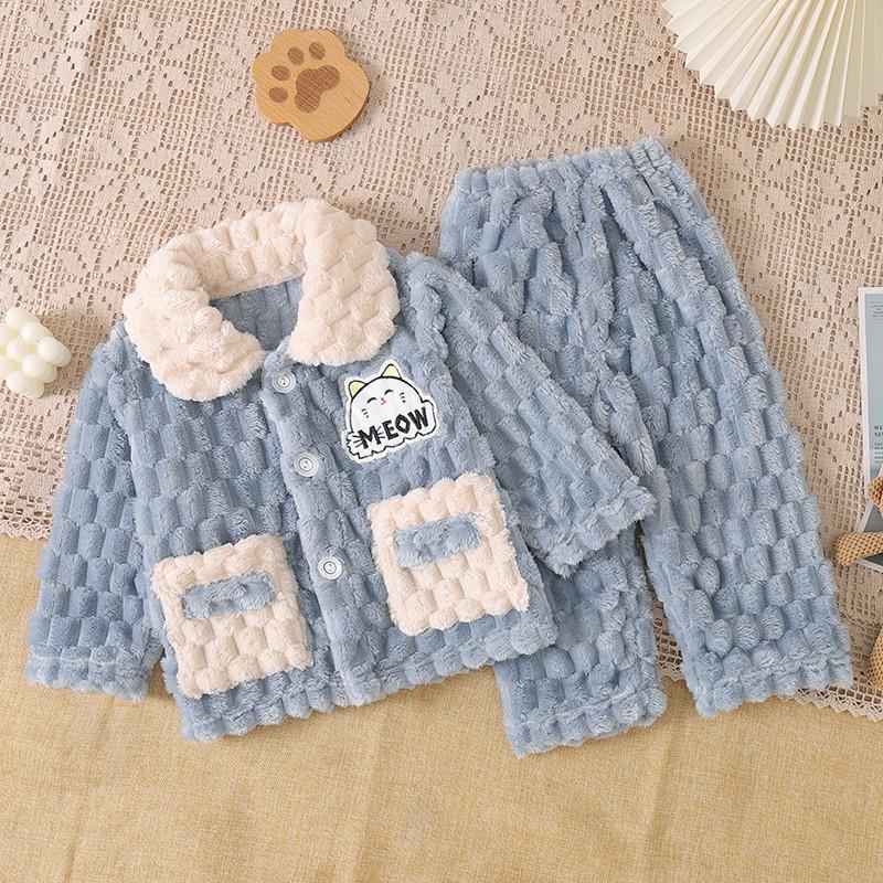 儿童睡衣法兰绒男孩2025年新款翻领秋冬季女童珊瑚绒家居服套装