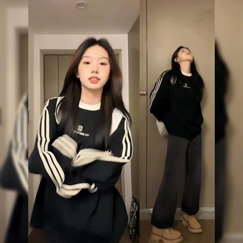 黑色圆领卫衣女秋冬加绒无帽内搭秋季长袖大码胖mm正肩显瘦上衣冬
