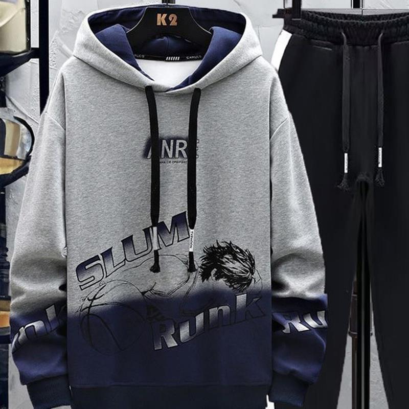 春秋季潮流连帽卫衣套装休闲百搭加肥加大码男装宽松帅气一套搭配