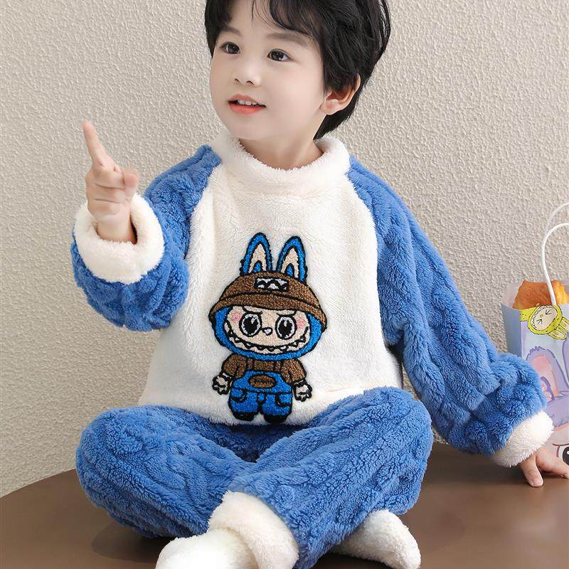 男童珊瑚绒睡衣冬男孩拉布布家居服保暖套装儿童宝宝加厚睡衣冬季