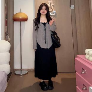 女装 两件套胖mm显瘦新款 大码 系带挂脖吊带裙罩衫 春季 搭配一整套装