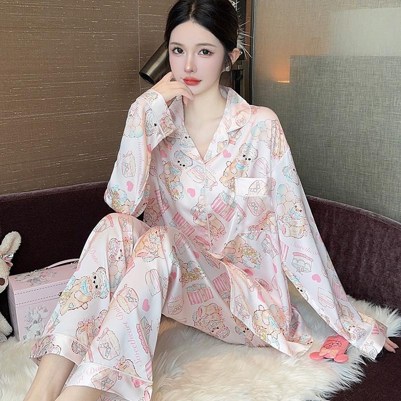 长袖睡衣春秋款女2025新款冰丝甜美可爱少女家居服仿真丝夏季套装
