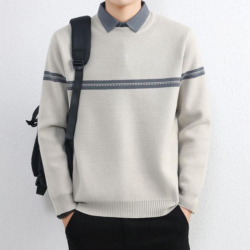 假两件毛衣男秋冬季新款衬衫领高级感宽松加绒加厚针织保暖打底衫
