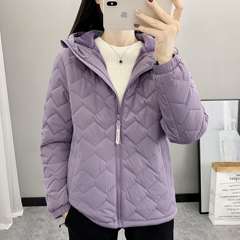 冬季加绒夹棉棉服外套女装菱形格纹棉衣防风保暖绗缝夹克开衫棉袄