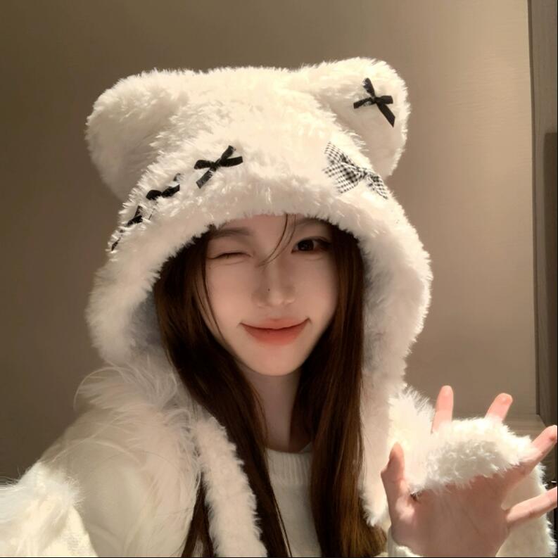 女帽子洋气时髦冬护耳可爱保暖显脸小毛绒针织帽小熊蝴蝶帽子